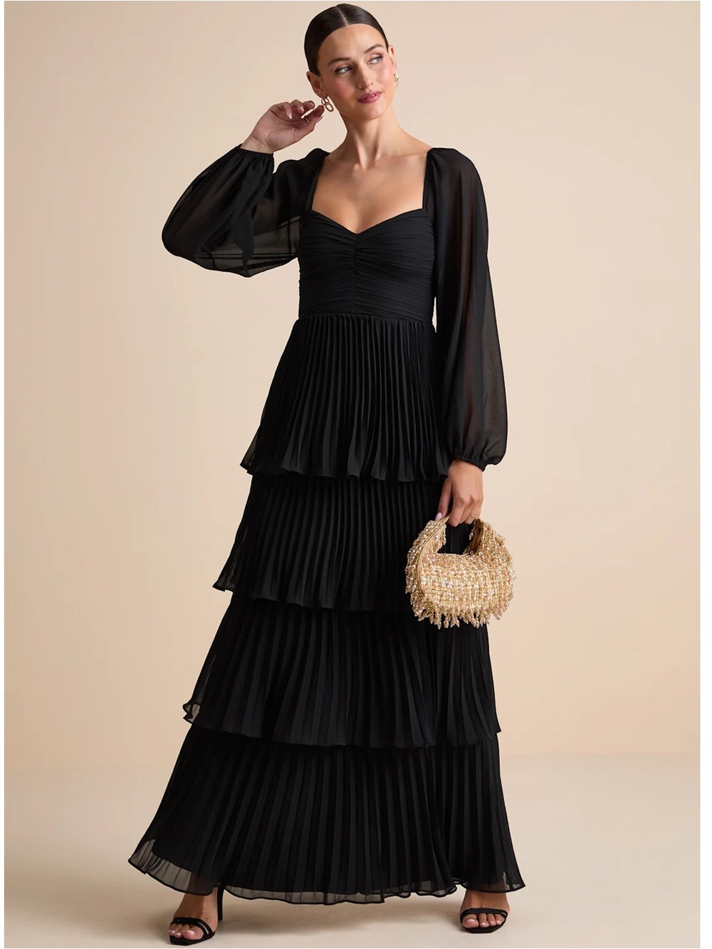 NWT Lulu’s Impactful Elegance Black Tiered Balloon Sleeve Maxi Dress Small Chic